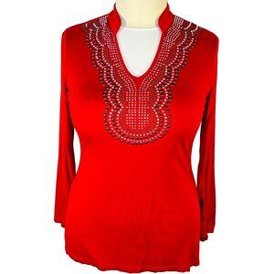V Cristina Tunic Top Womens L Red Bead Lined V-Neck Long Sleeve